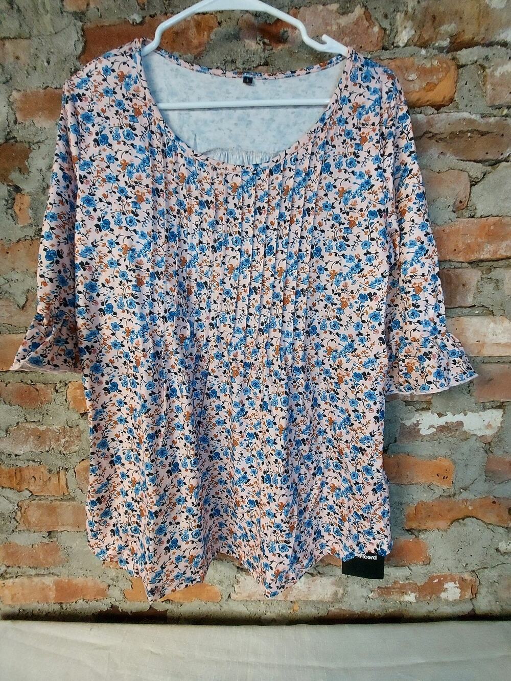 Womens Sz L Tunic Blouse Pink Blue Floral 3/4 Sleeve Pleated Ruffle Scoop Neck